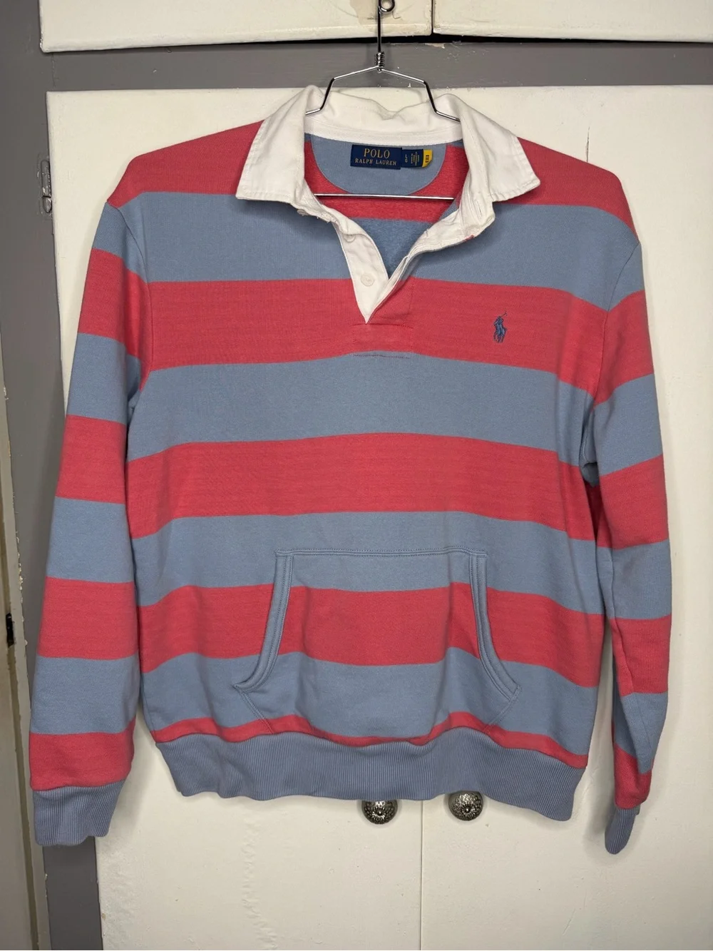 Polo Ralph Lauren Men Red & Light Blue Striped Rugby Long Sleeve Polo Size Large